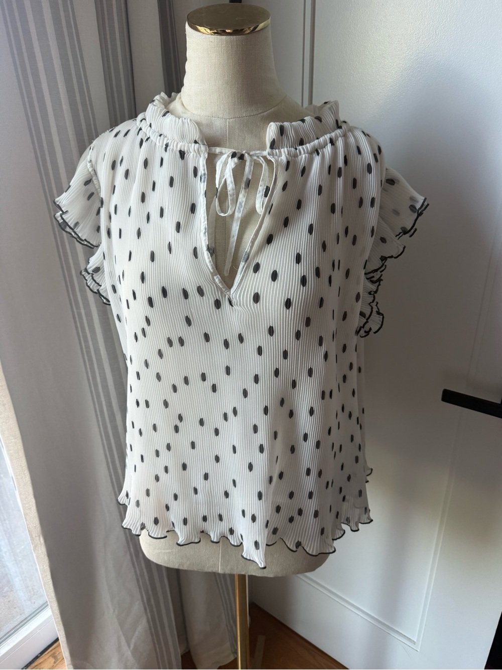 Ganni White Polka Dot Ruffle Sleeve Tie-Neck Blouse